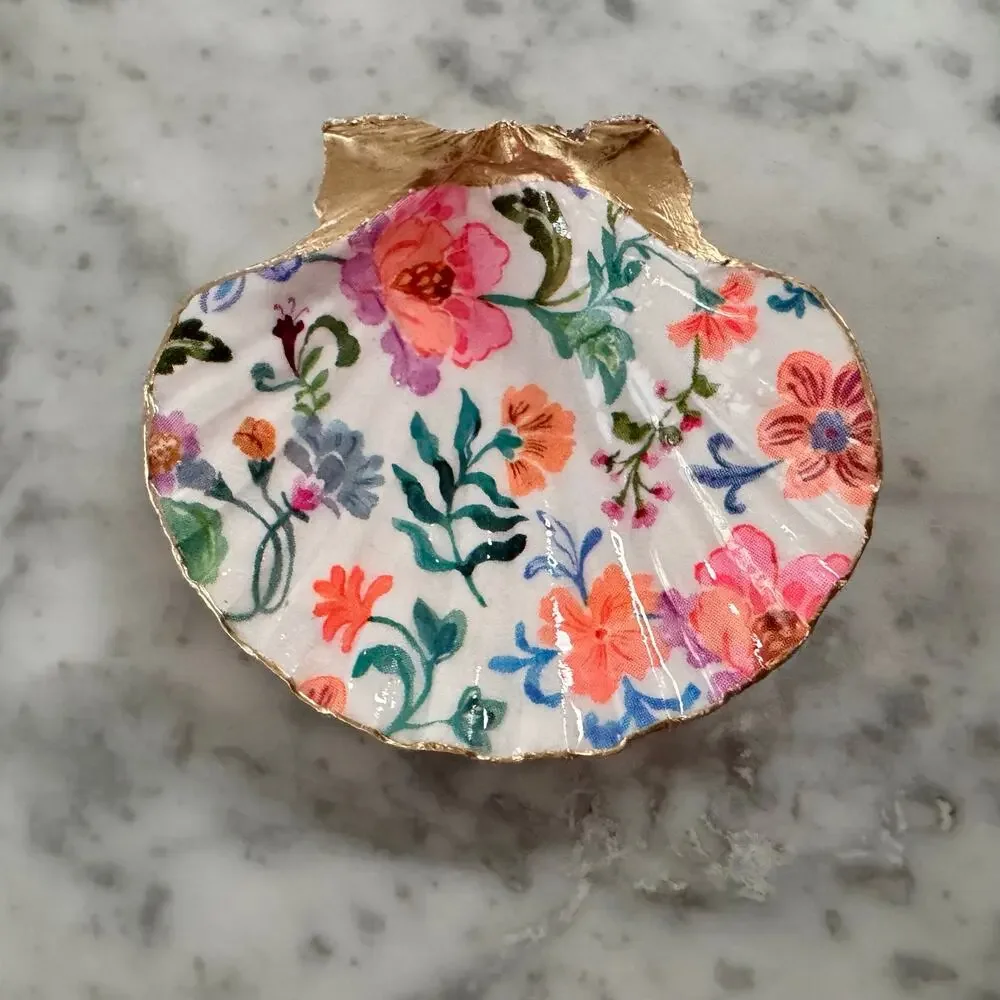Colorful Chintz Floral Shell Trinket Dish, Flower Ring Holder
